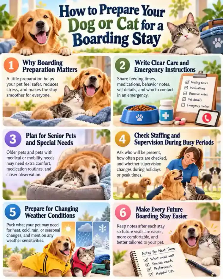 Pet care infographic for How to Prepare Your Dog or Cat for a Boarding Stay