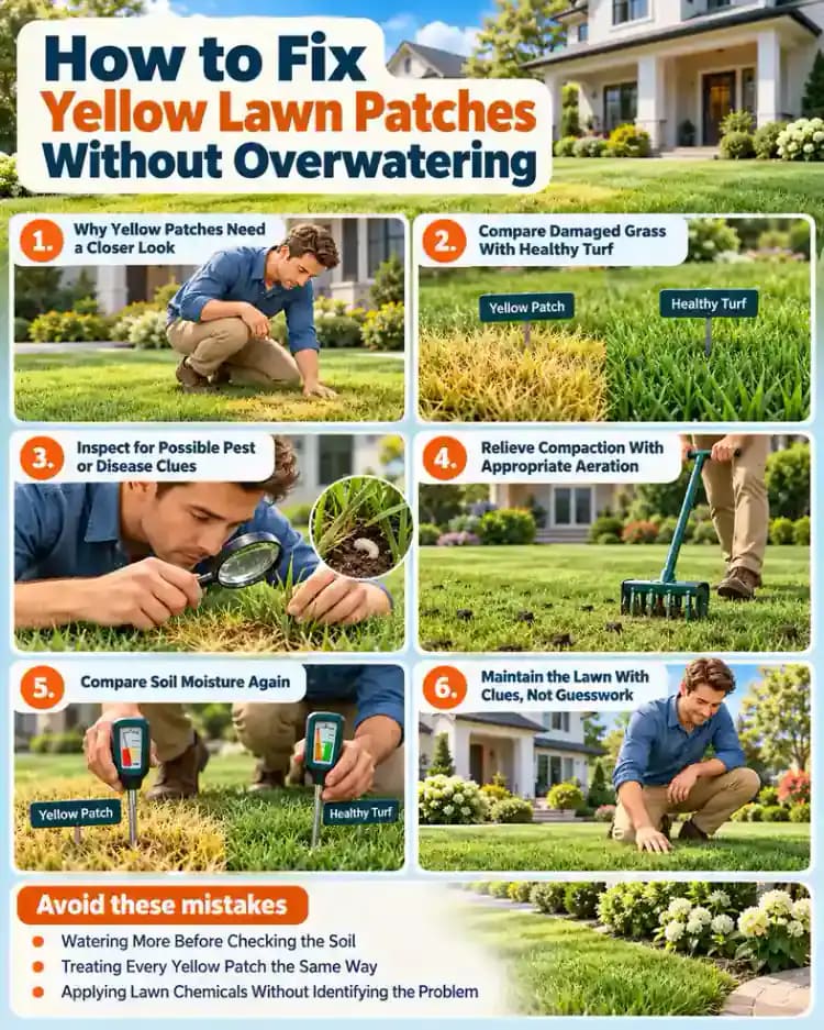 How-to infographic showing the safe steps for How to Fix Yellow Lawn Patches Without Overwatering