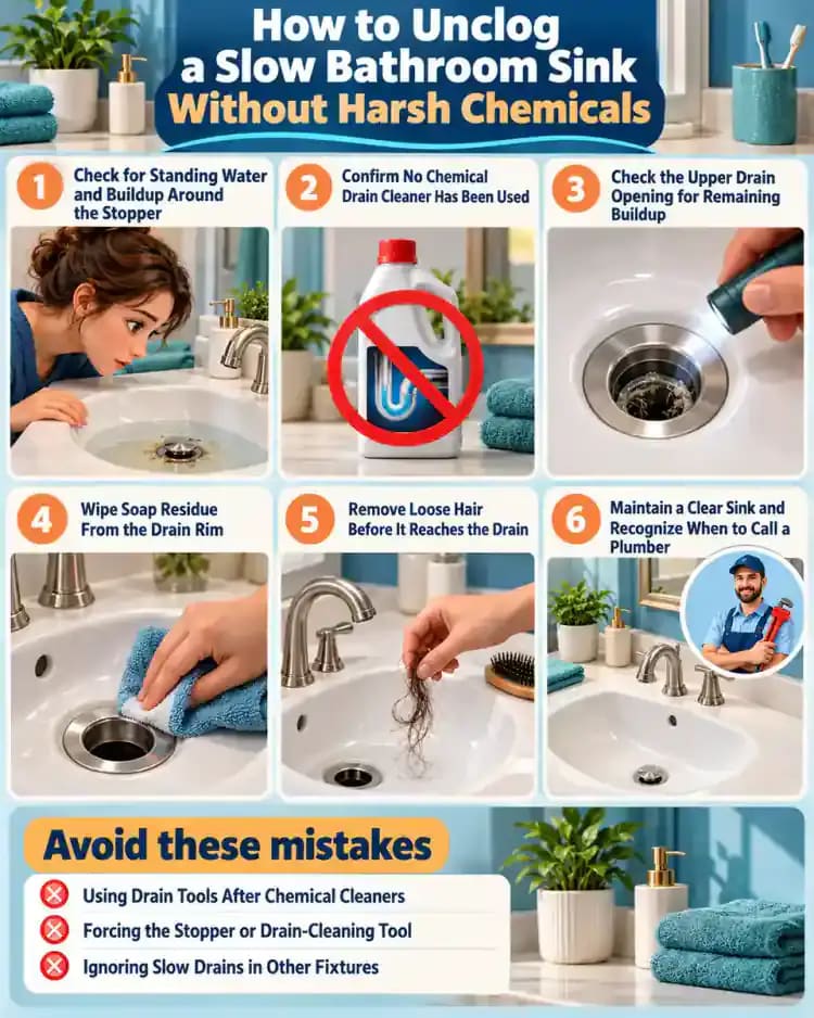 How-to infographic showing the safe steps for How to Unclog a Slow Bathroom Sink Without Harsh Chemicals