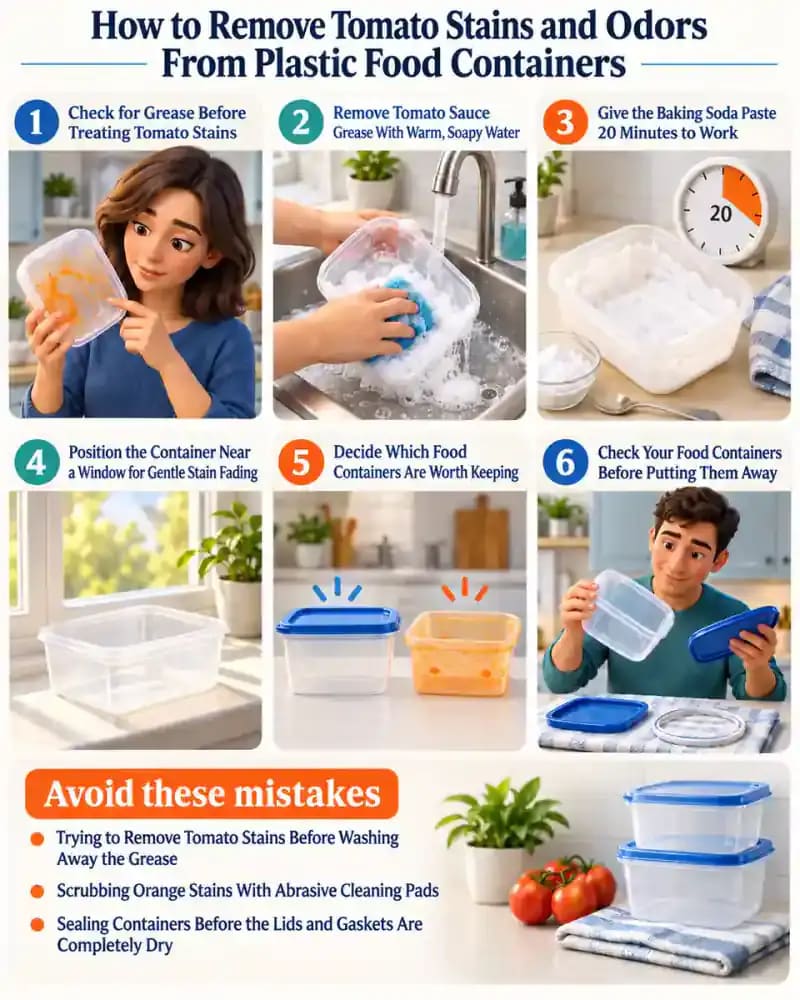 How-to infographic showing the safe steps for How to Remove Tomato Stains and Odors From Plastic Food Containers