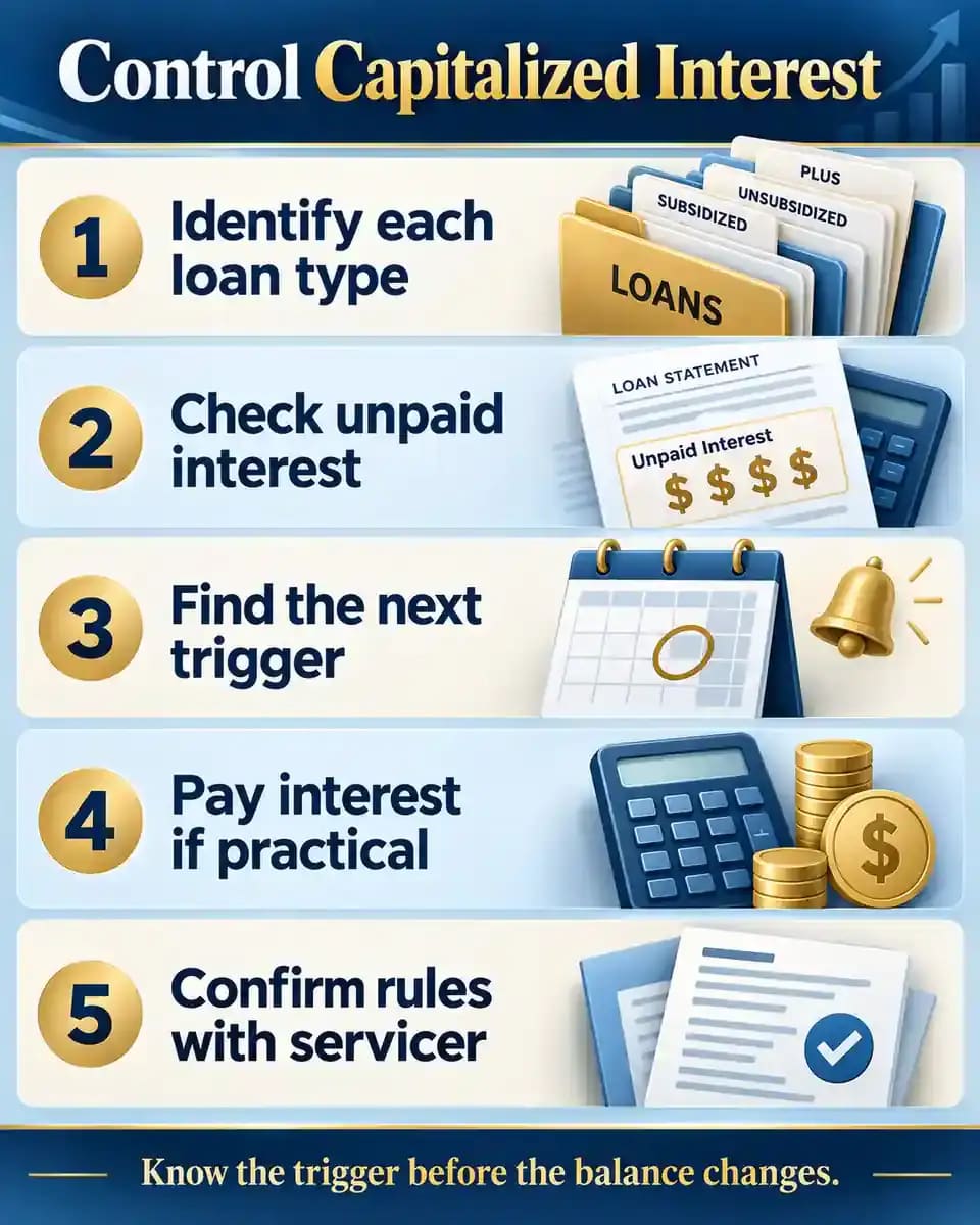 Five-step infographic showing how to identify loan type, check unpaid interest, find capitalization triggers, make optional interest payments, and confirm rules.