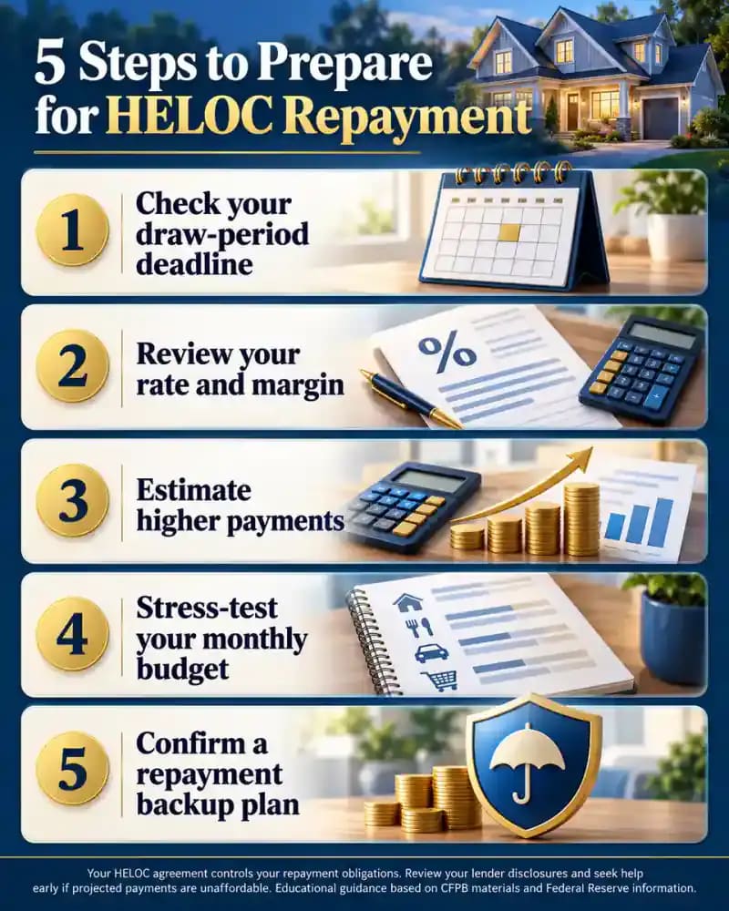 Five-step HELOC preparation checklist showing how homeowners can verify the draw-period deadline, review variable rate terms, estimate future payments, test their budgets, and establish a repayment backup plan.