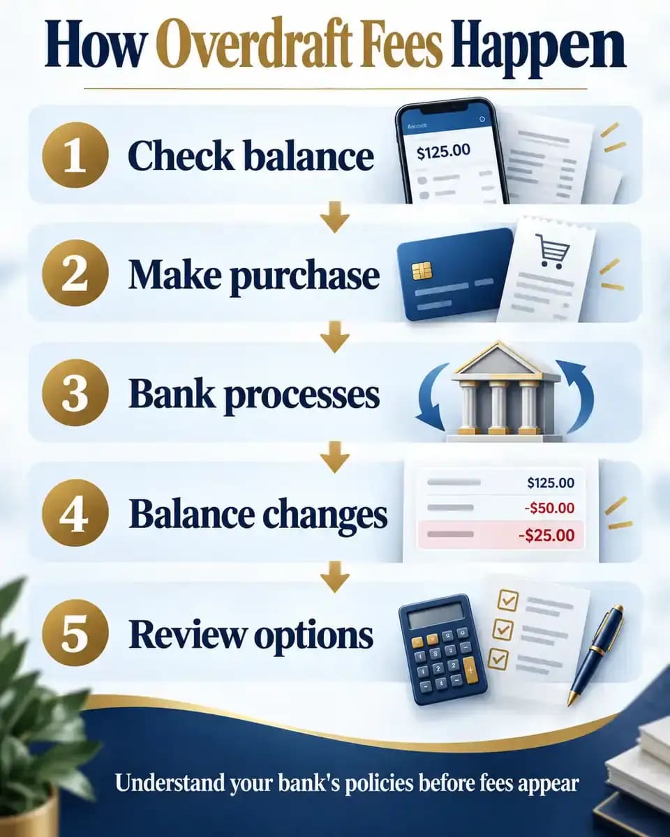Illustration showing account balance changes and overdraft fee process