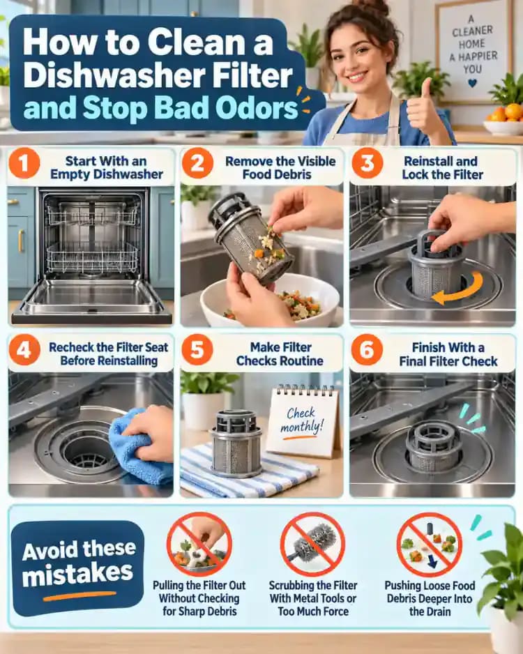 How-to infographic showing the safe steps for How to Clean a Dishwasher Filter and Stop Bad Odors