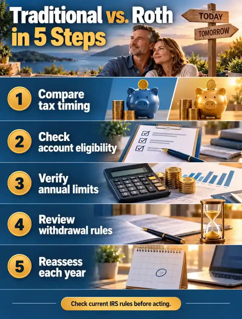 Five-step infographic explaining how to compare Traditional and Roth retirement accounts by tax timing, eligibility, contribution limits, withdrawal rules and annual review.