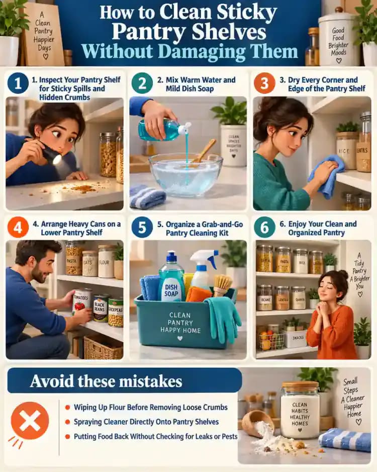 How-to infographic showing the safe steps for How to Clean Sticky Pantry Shelves Without Damaging Them