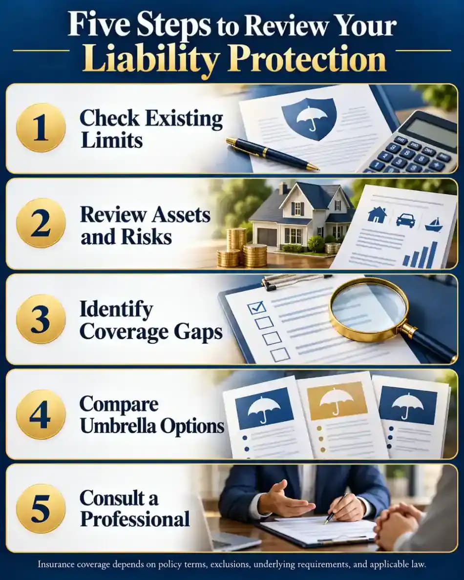 Five-step liability protection checklist covering existing insurance limits, personal assets and risks, coverage gaps, umbrella insurance options, and professional review.