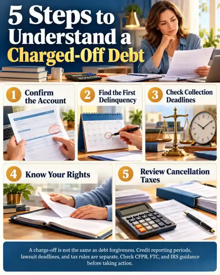 Five-step visual checklist showing how to review a charged-off debt: verify the account and owner, identify the first delinquency, check state collection deadlines, understand consumer protections, and evaluate potential canceled-debt taxes.