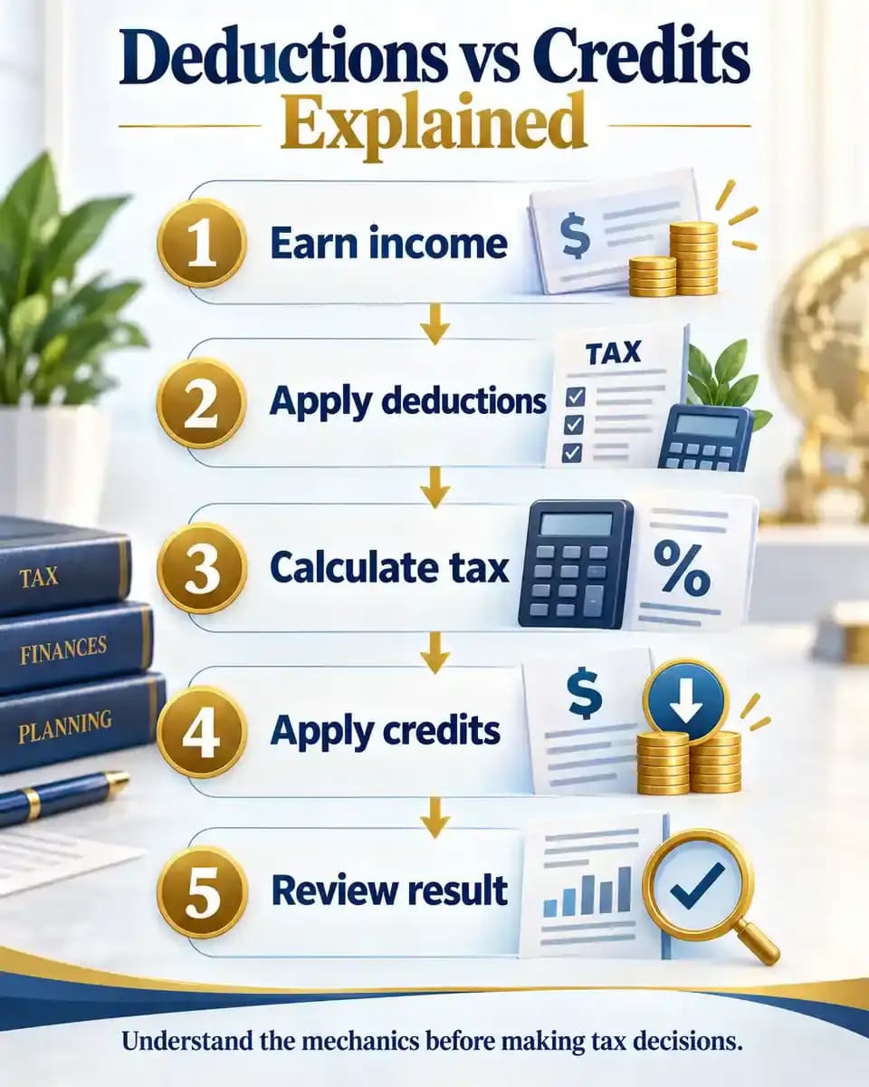 Visual comparison of tax deductions and tax credits reducing a federal tax bill.