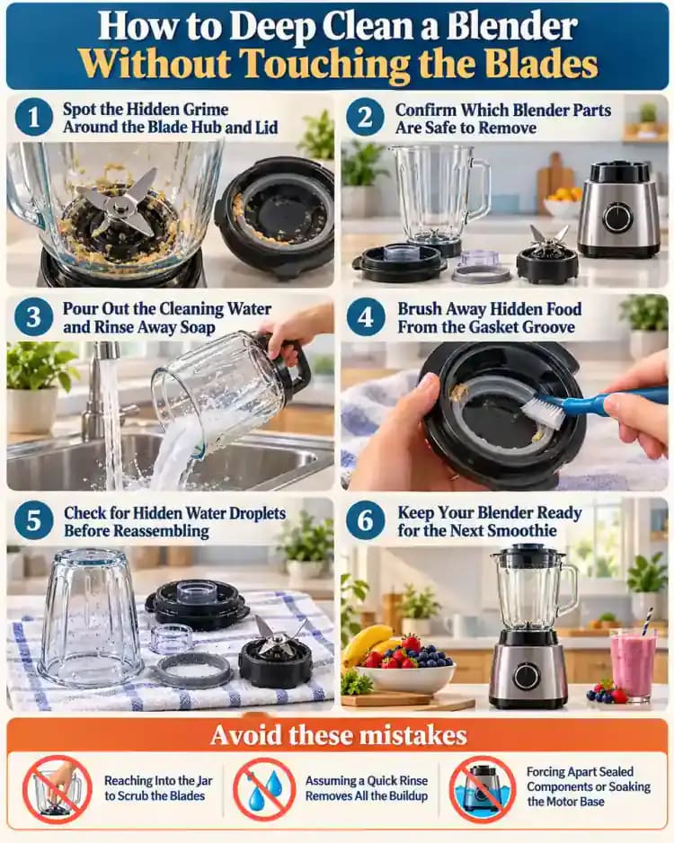 How-to infographic showing the safe steps for How to Deep Clean a Blender Without Touching the Blades
