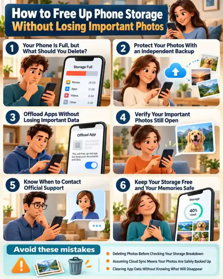 How-to infographic showing the safe steps for How to Free Up Phone Storage Without Losing Important Photos