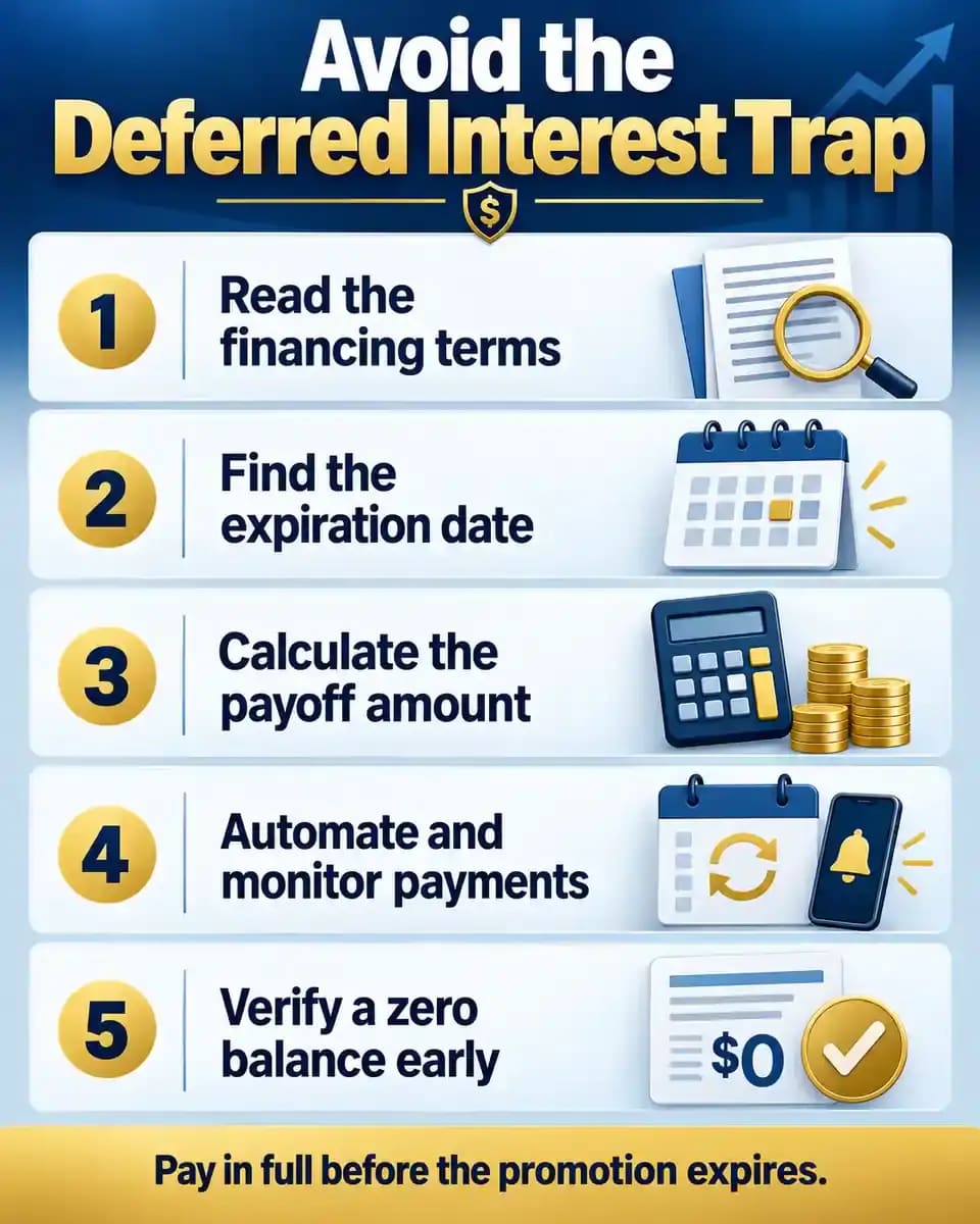 Five-step consumer checklist explaining how to identify deferred interest terms, record the expiration date, calculate monthly payments, monitor repayment, and verify a zero balance before the deadline.