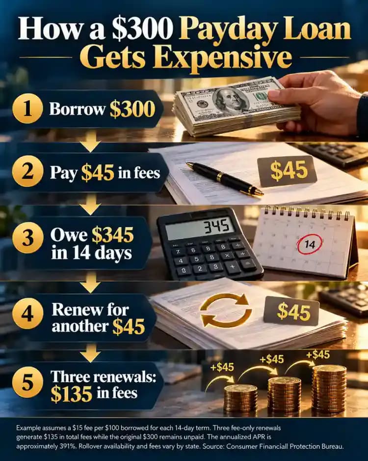Five-step infographic showing a $300 payday loan with a $45 initial fee, a $345 repayment obligation after 14 days, and $135 in total fees after three renewals while the $300 principal remains unpaid.