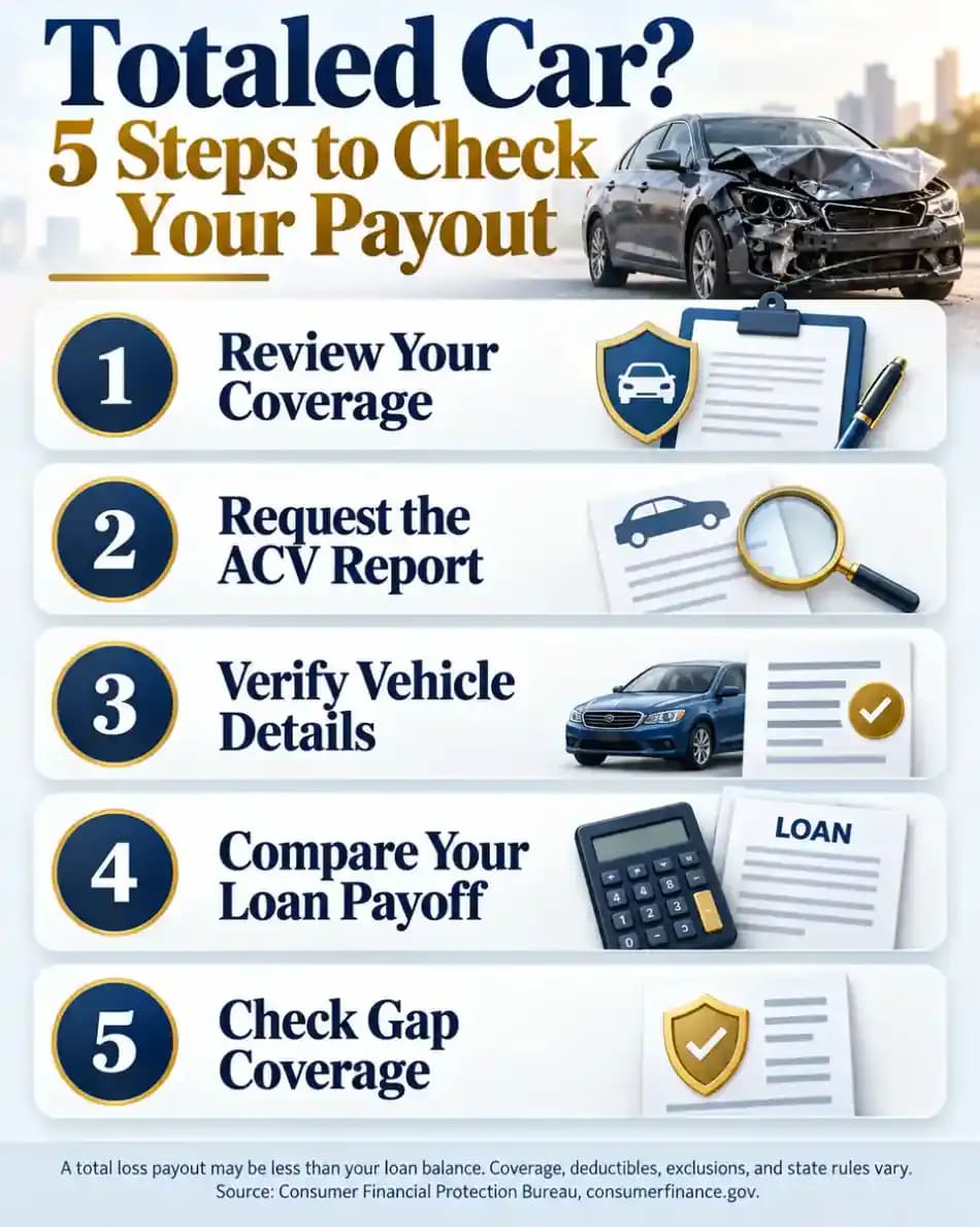 Five-step infographic explaining how to review a totaled car insurance payout: check coverage, request the actual cash value report, verify vehicle details, compare the settlement with the loan payoff, and review gap insurance.