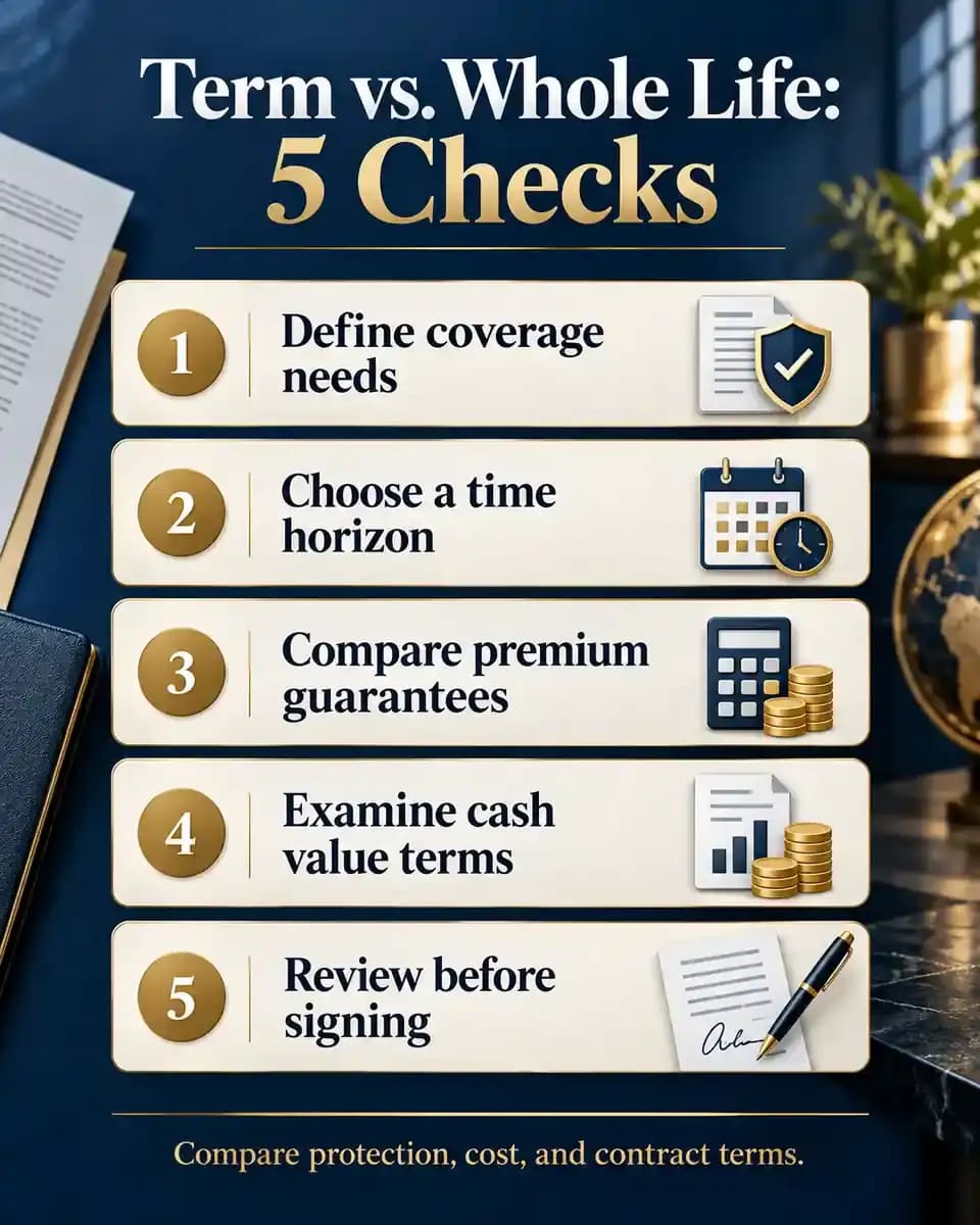 Five-step life insurance comparison guide covering financial needs, duration, premiums, cash value, and policy review.