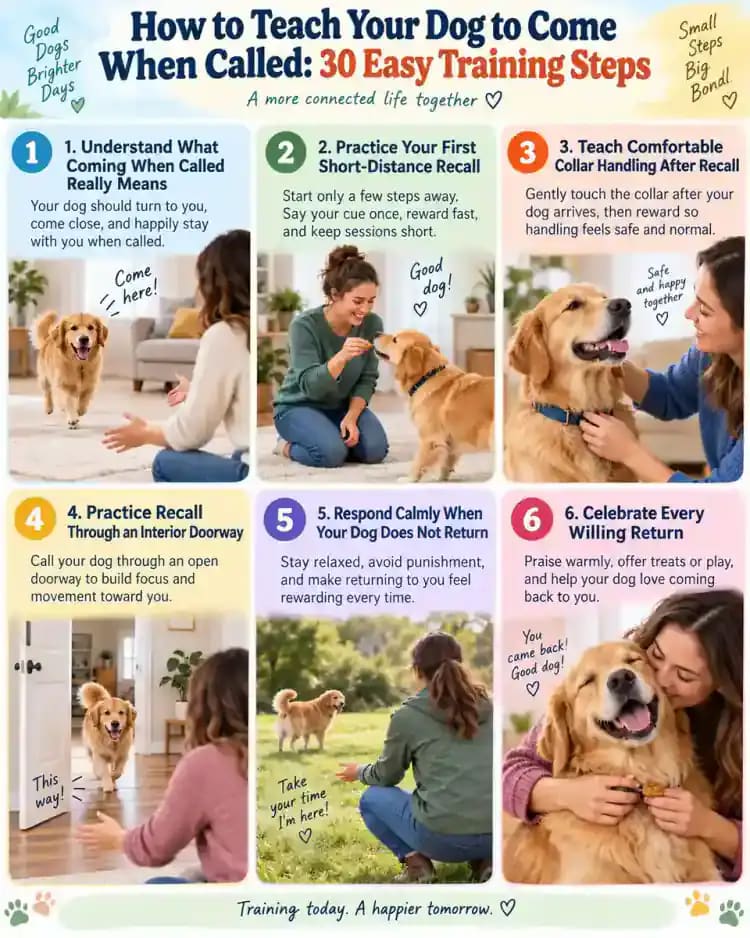 Pet care infographic for How to Teach Your Dog to Come When Called: 30 Easy Training Steps