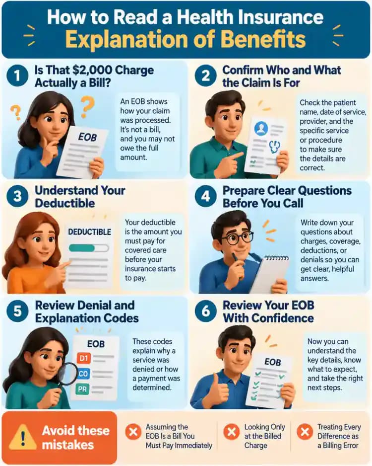 How-to infographic showing the safe steps for How to Read a Health Insurance Explanation of Benefits
