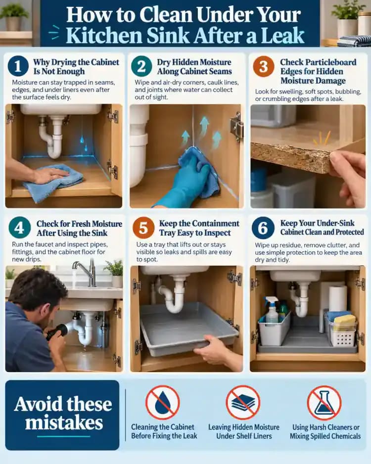 How-to infographic showing the safe steps for How to Clean Under Your Kitchen Sink After a Leak