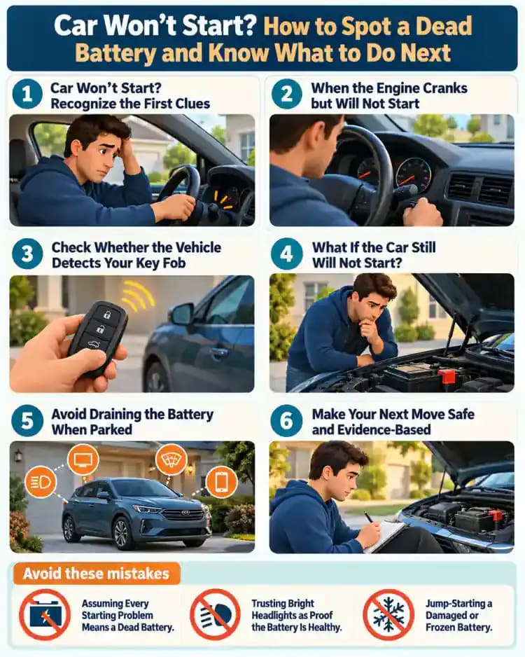 How-to infographic showing the safe steps for Car Won't Start? How to Spot a Dead Battery and Know What to Do Next