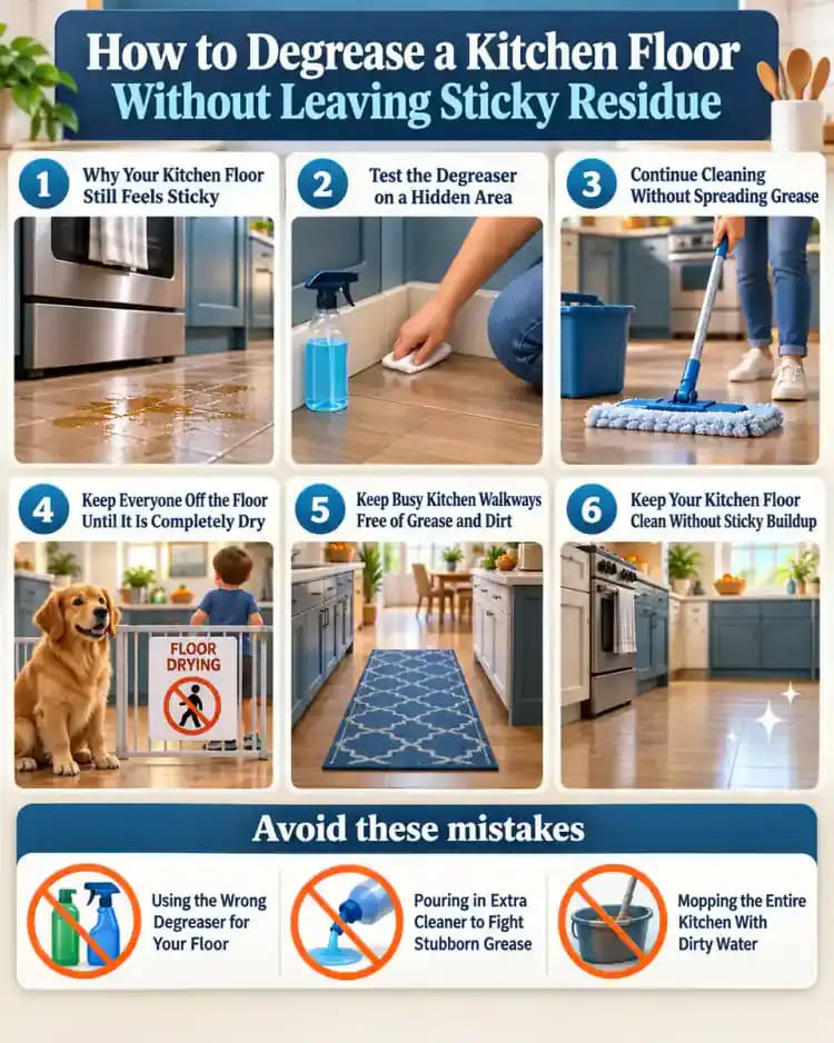 How-to infographic showing the safe steps for How to Degrease a Kitchen Floor Without Leaving Sticky Residue