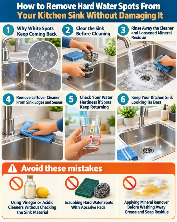 How-to infographic showing the safe steps for How to Remove Hard Water Spots From Your Kitchen Sink Without Damaging It