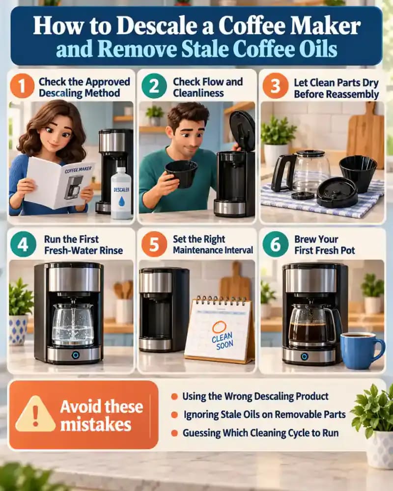 How-to infographic showing the safe steps for How to Descale a Coffee Maker and Remove Stale Coffee Oils