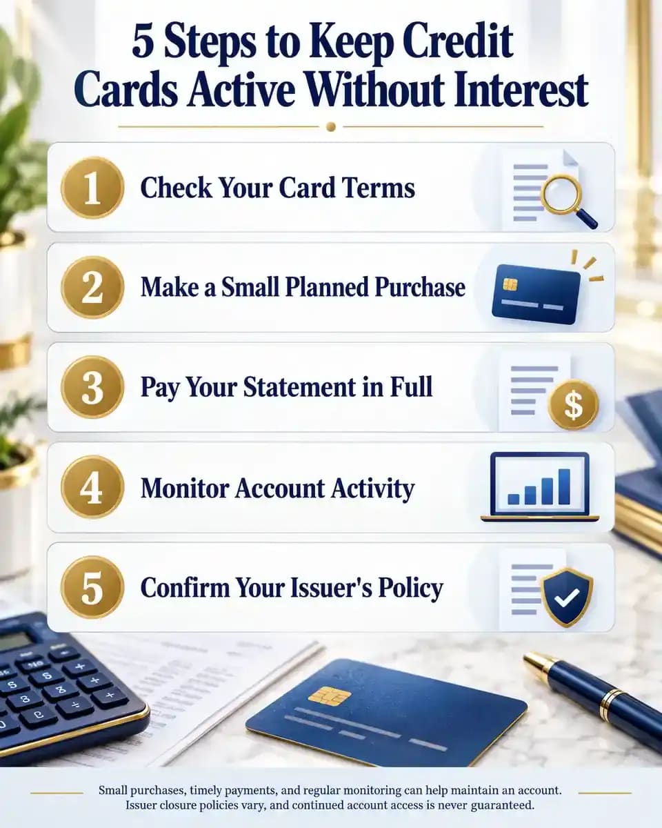 Five-step infographic explaining how to maintain credit card activity: review terms, make a small purchase, pay in full, monitor the account, and confirm issuer policies.