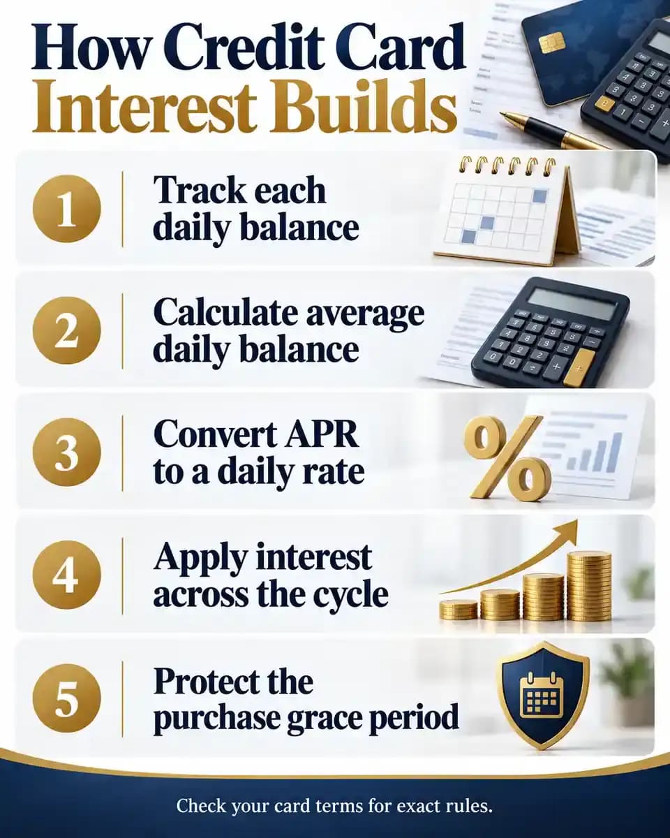 Five-step infographic explaining how credit card interest builds from daily balances, APR and grace-period rules.