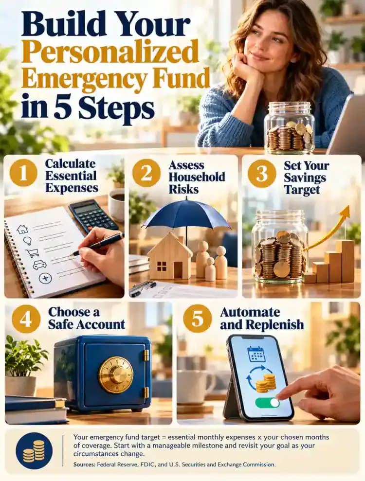 Five-step emergency fund infographic showing how to calculate essential monthly costs, assess income and household risks, select a personalized savings target, choose a federally insured account, and automate contributions while replenishing withdrawals.