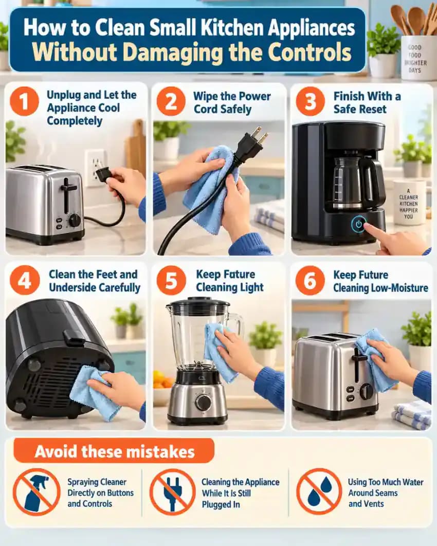 How-to infographic showing the safe steps for How to Clean Small Kitchen Appliances Without Damaging the Controls