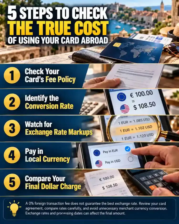 Five-step infographic explaining how U.S. travelers can check credit card foreign transaction fees, identify currency conversion rates, recognize exchange rate markups, choose local currency at checkout, and compare the final dollar charge.