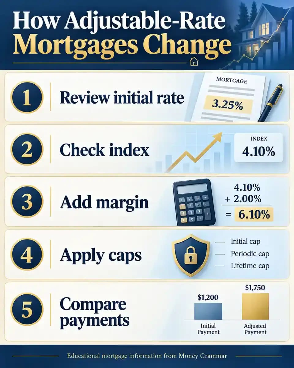 Infographic explaining how ARM mortgage rates adjust using indexes, margins, and caps.
