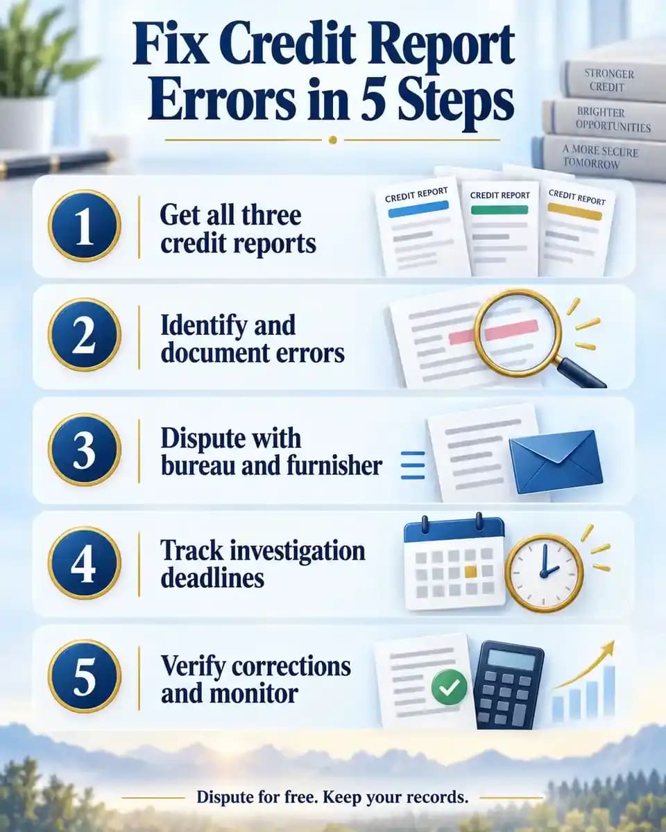 Five-step infographic explaining how to correct credit report errors by obtaining reports from all three bureaus, identifying mistakes, submitting disputes, tracking investigation deadlines, and verifying corrections.