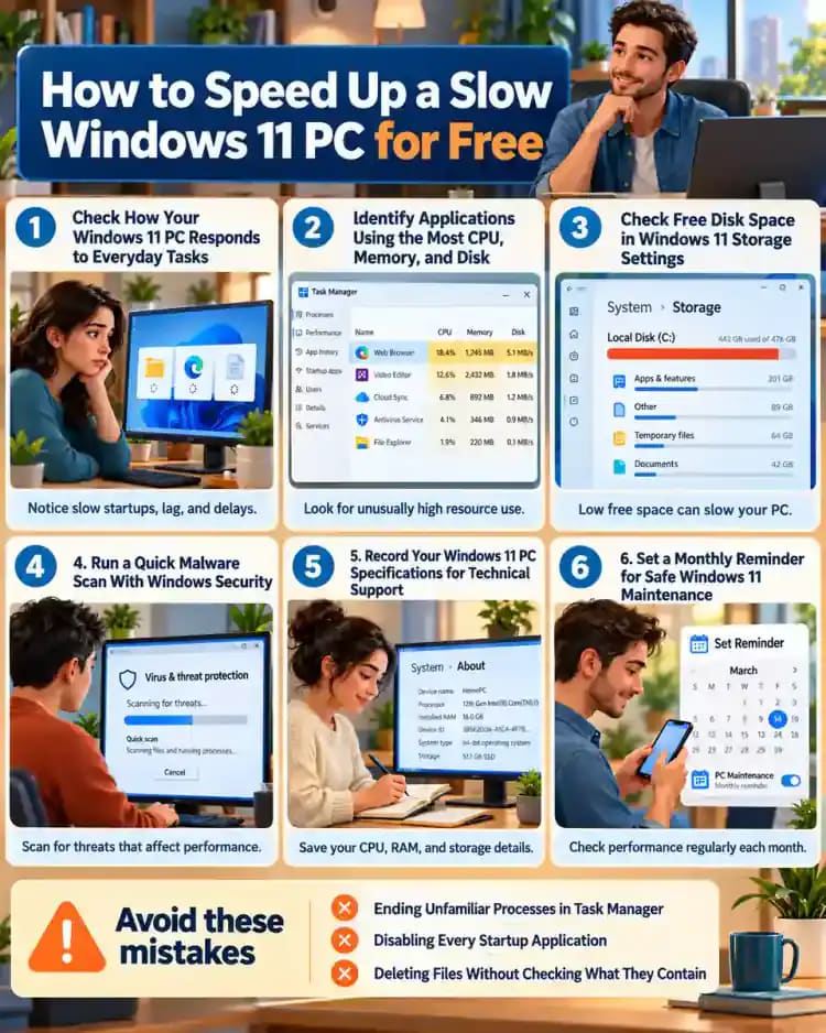 How-to infographic showing the safe steps for How to Speed Up a Slow Windows 11 PC for Free