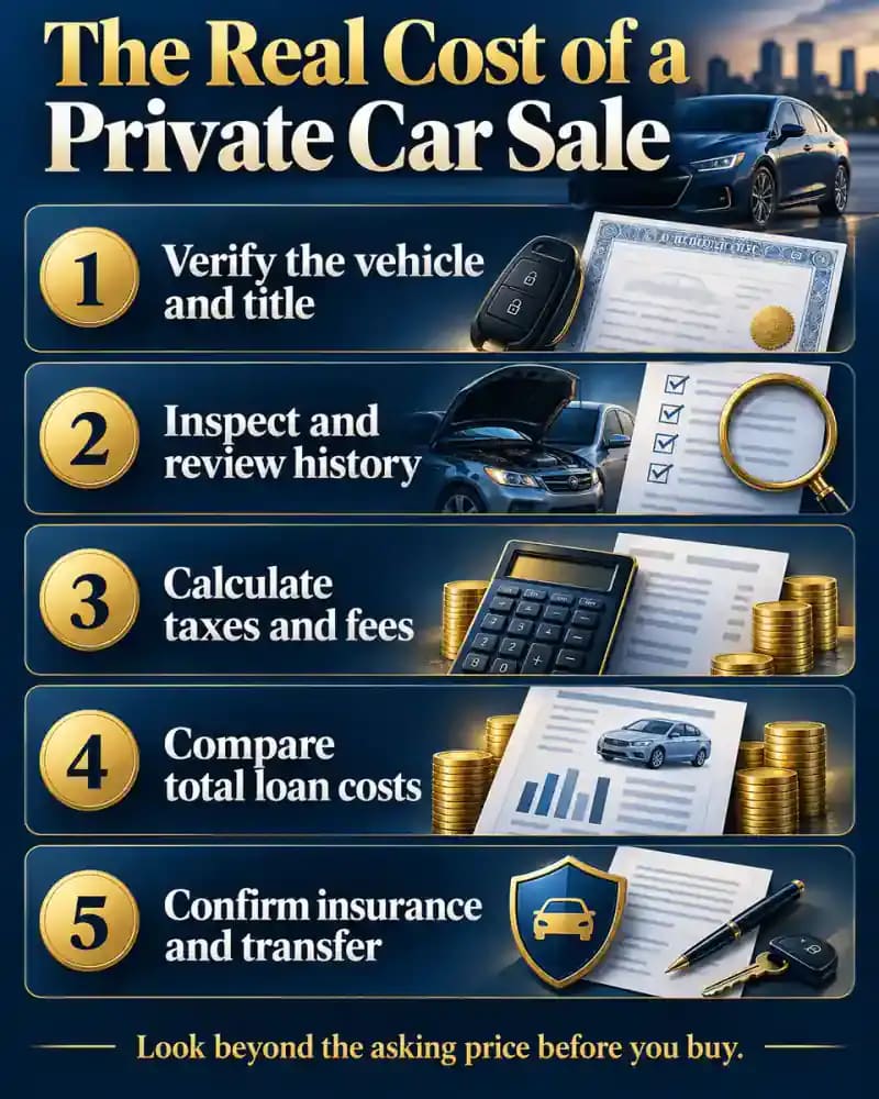 Five-step checklist explaining how to calculate the true cost of buying a car privately, covering vehicle verification, inspection, taxes, financing, and title transfer.