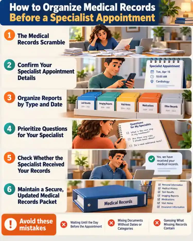 How-to infographic showing the safe steps for How to Organize Medical Records Before a Specialist Appointment