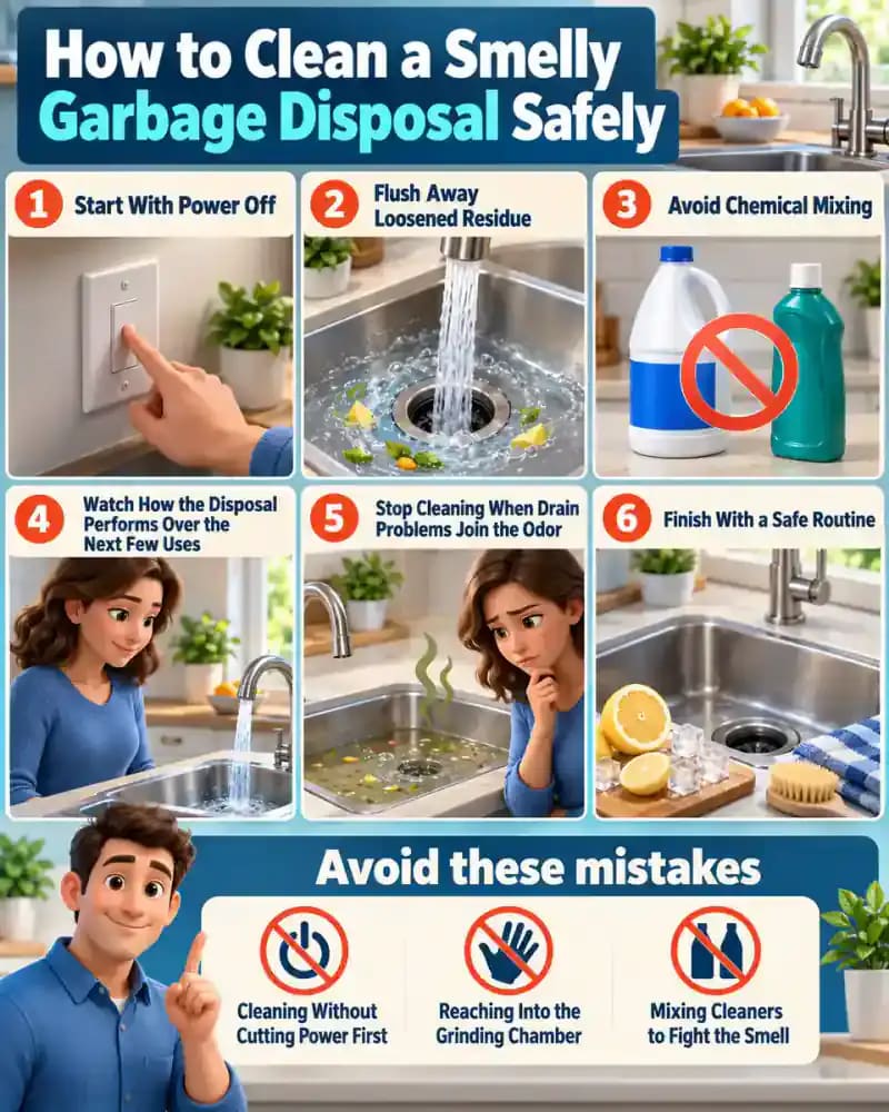 How-to infographic showing the safe steps for How to Clean a Smelly Garbage Disposal Safely