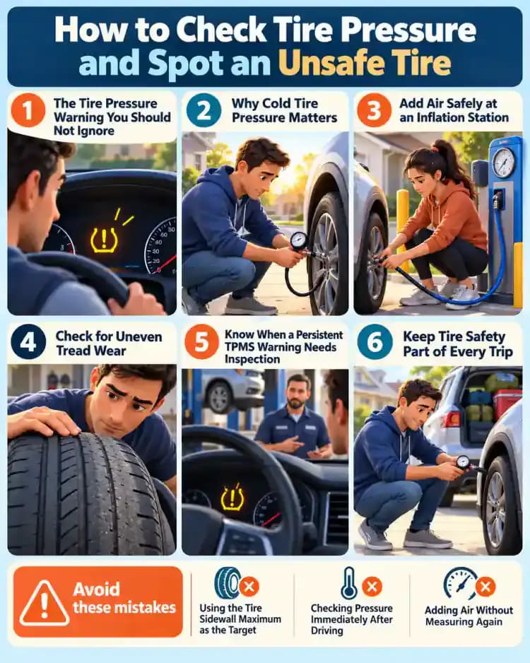 How-to infographic showing the safe steps for How to Check Tire Pressure and Spot an Unsafe Tire