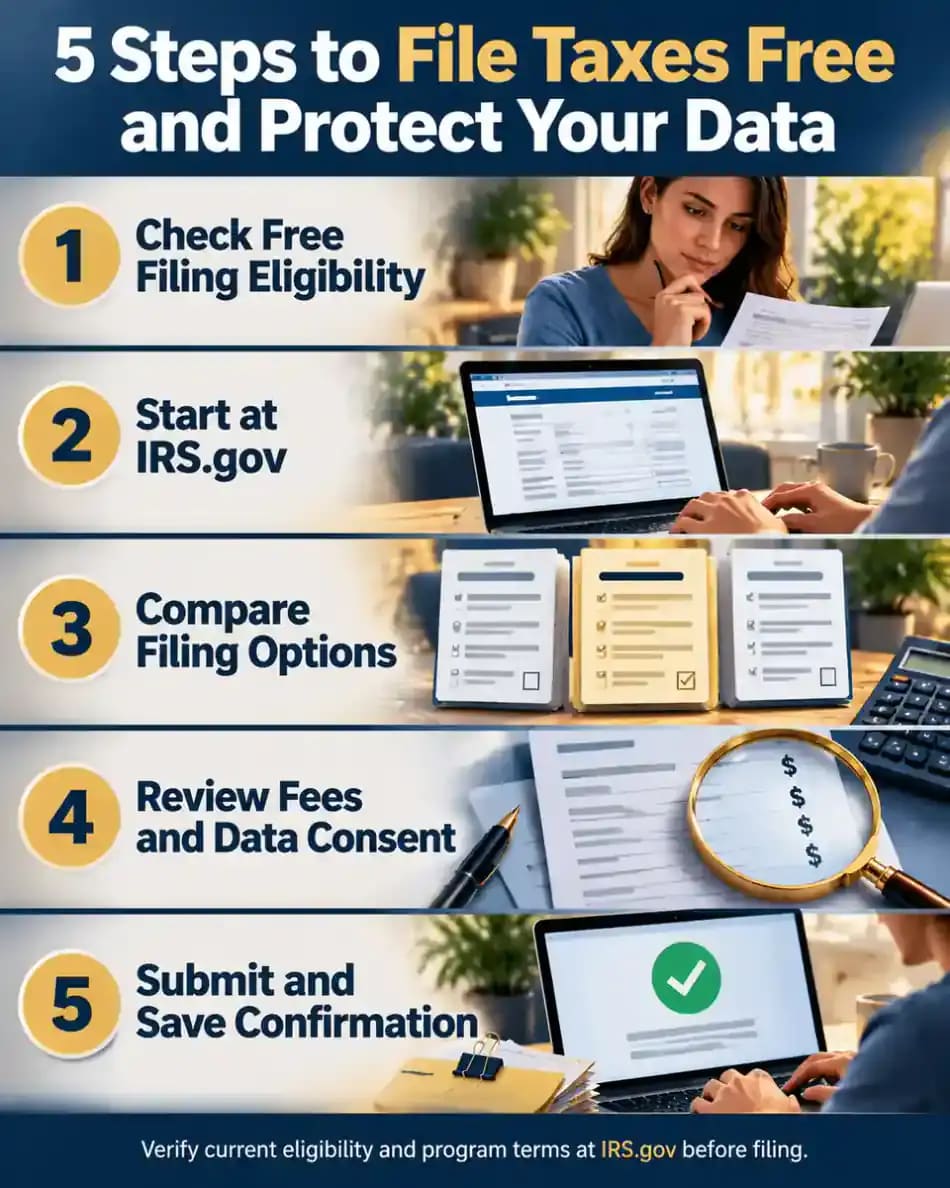 Five-step guide to checking eligibility for free tax filing, finding official IRS programs, comparing filing options, reviewing fees and privacy permissions, and saving filing confirmation.