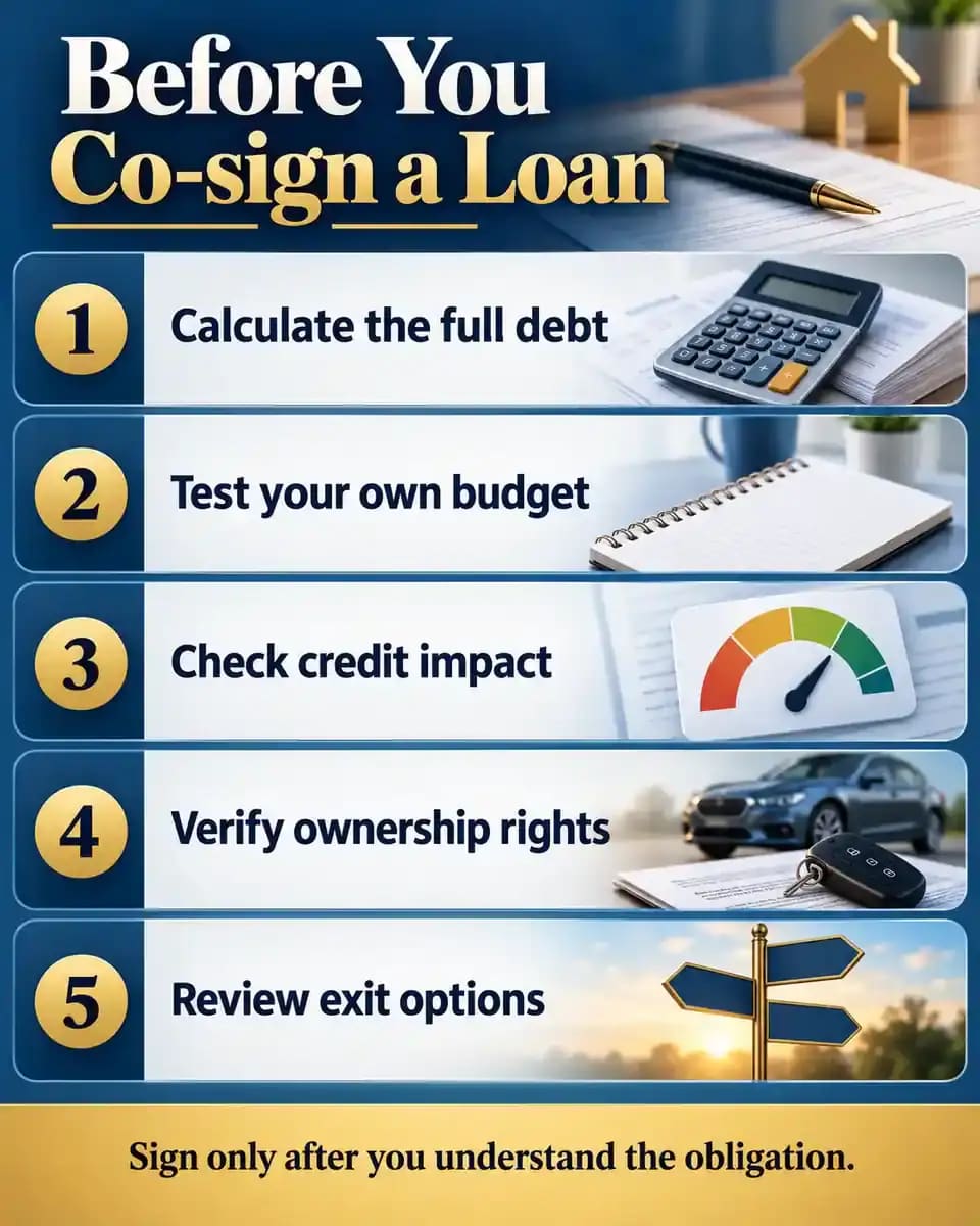 Five-step checklist showing what consumers should review before co-signing a loan, including total debt, budget impact, credit risk, ownership rights, and exit options.