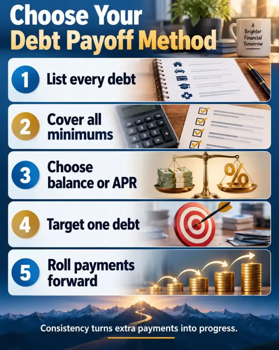 Five-step infographic explaining how to organize debts, make minimum payments, choose snowball or avalanche order, target one account, and roll payments forward.