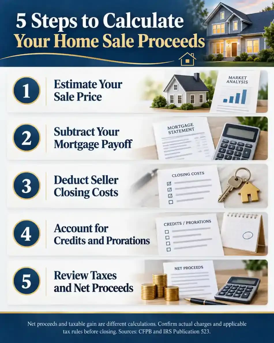 Five-step infographic showing how home sellers estimate net proceeds by starting with the sale price, subtracting mortgage debt and seller closing costs, accounting for credits and prorations, and separately reviewing potential taxes.