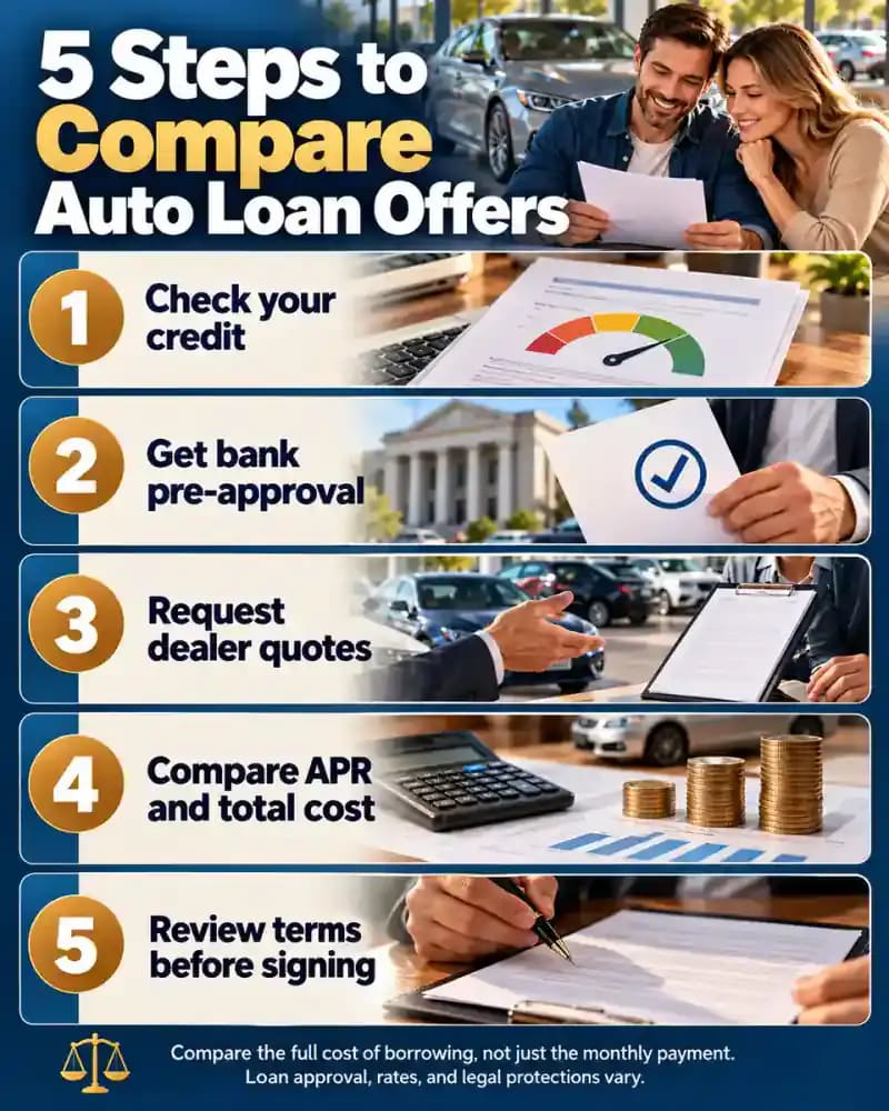 Five-step auto financing checklist showing how to review credit, obtain bank pre-approval, collect dealer quotes, compare APR and overall borrowing costs, and inspect loan terms before signing.