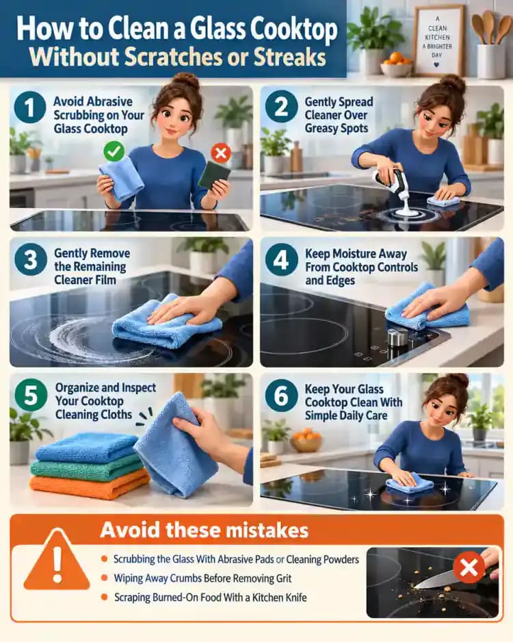 How-to infographic showing the safe steps for How to Clean a Glass Cooktop Without Scratches or Streaks