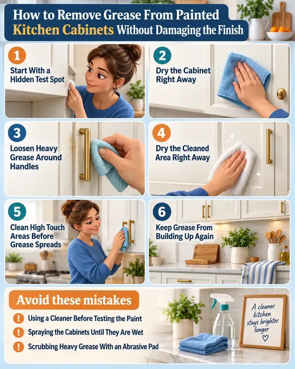 How-to infographic showing the safe steps for How to Remove Grease From Painted Kitchen Cabinets Without Damaging the Finish