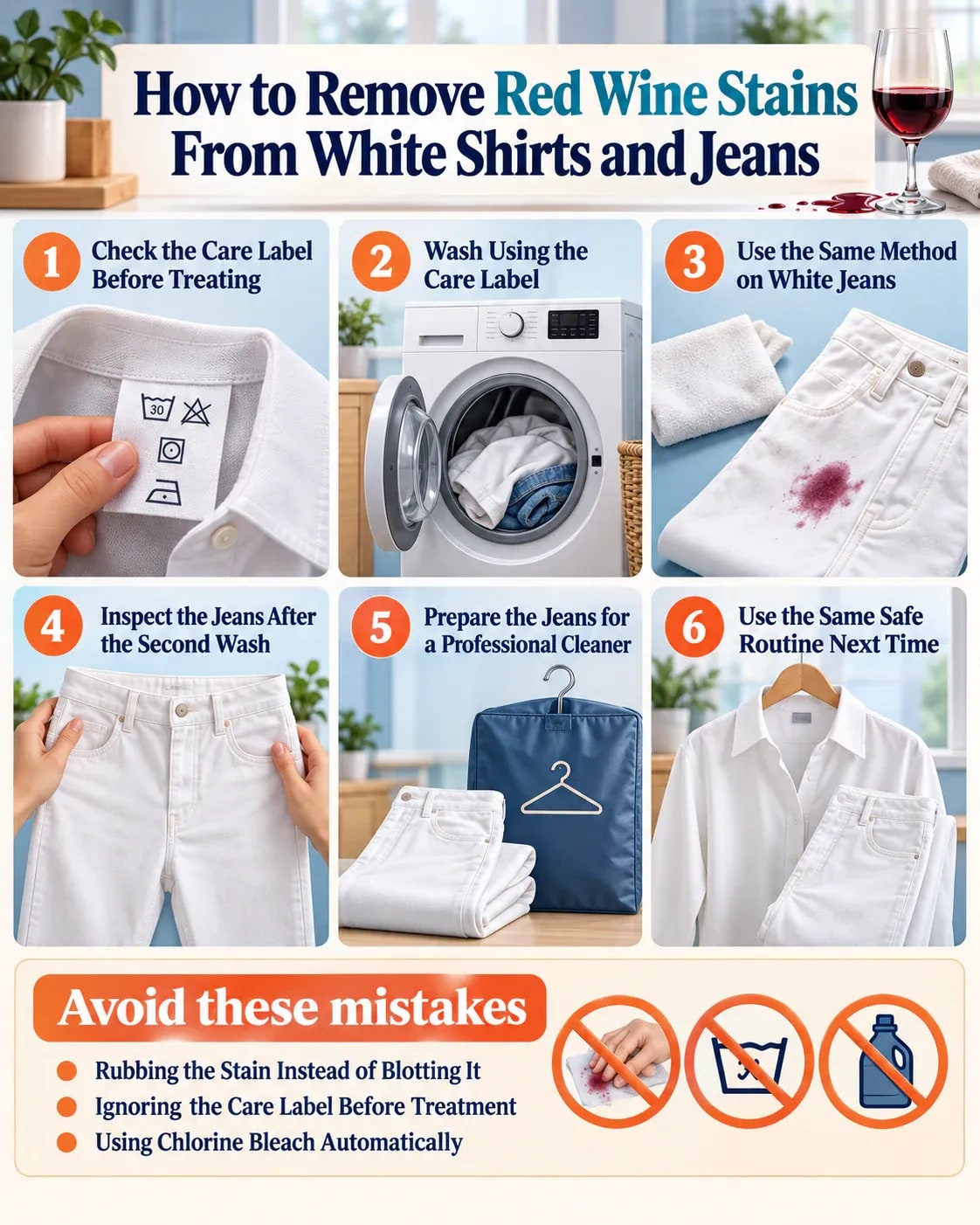 How-to infographic showing the safe steps for How to Remove Red Wine Stains From White Shirts and Jeans
