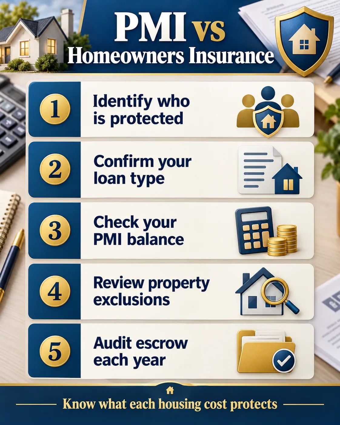 Five-step infographic explaining how to distinguish PMI from homeowners insurance and review mortgage, coverage and escrow details.