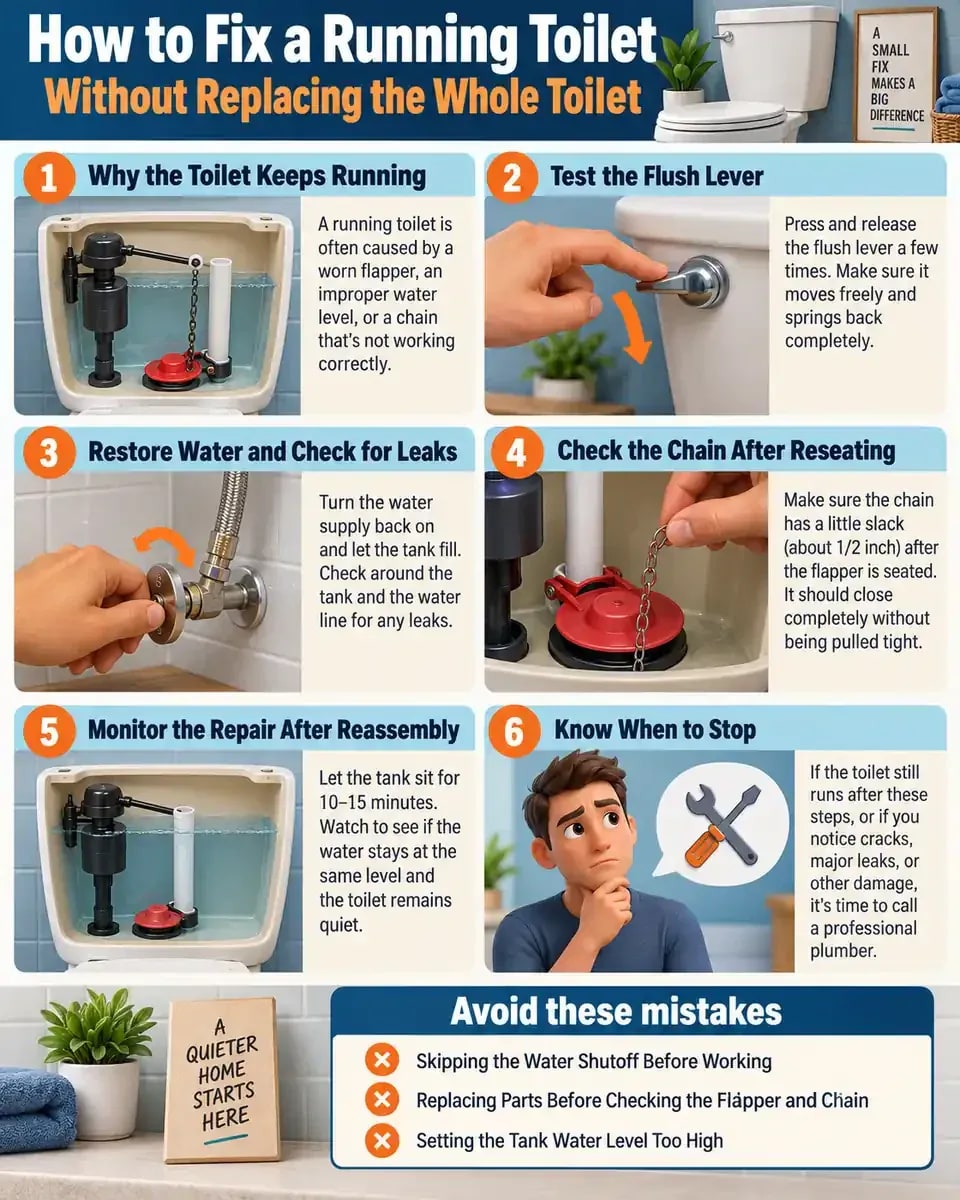 How-to infographic showing the safe steps for How to Fix a Running Toilet Without Replacing the Whole Toilet
