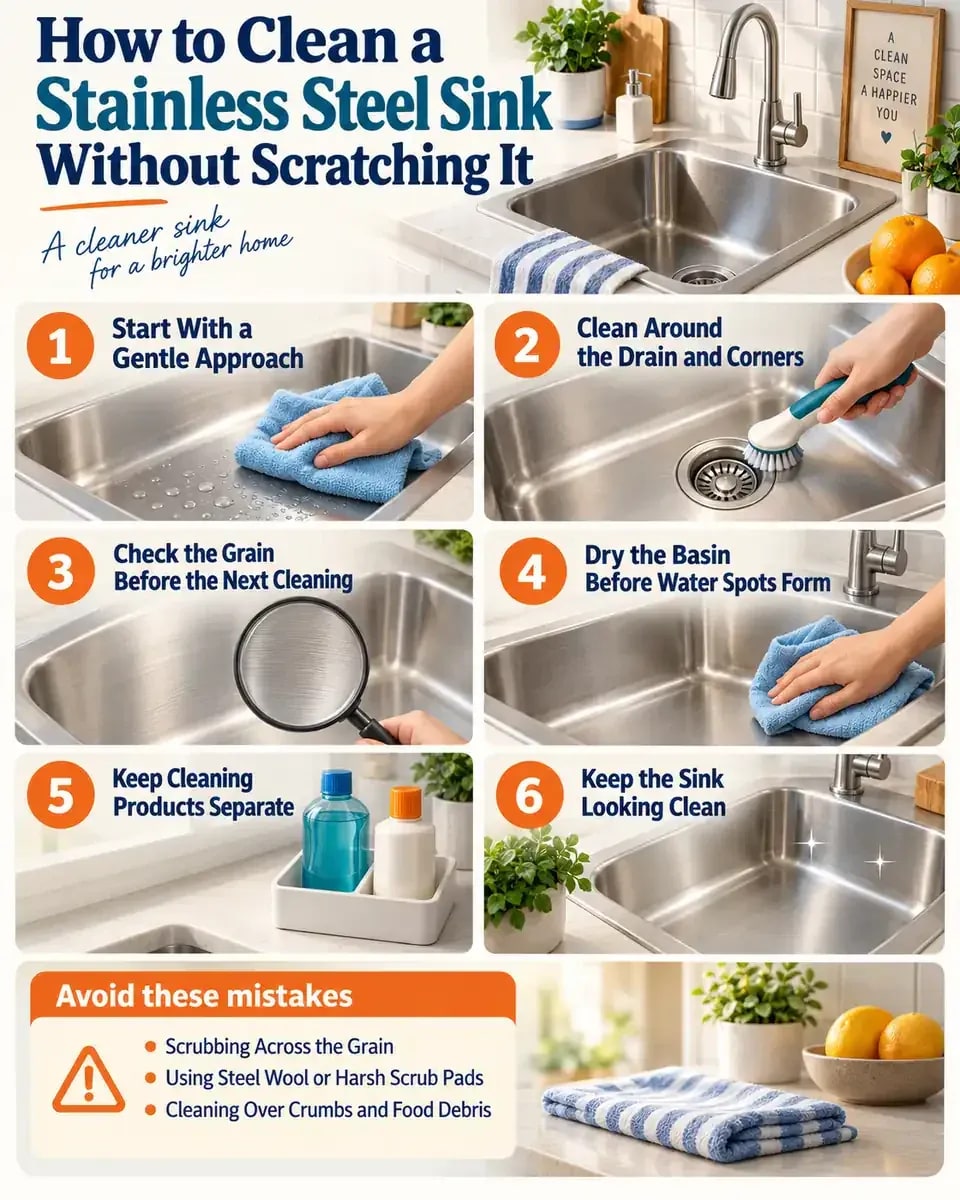 How-to infographic showing the safe steps for How to Clean a Stainless Steel Sink Without Scratching It
