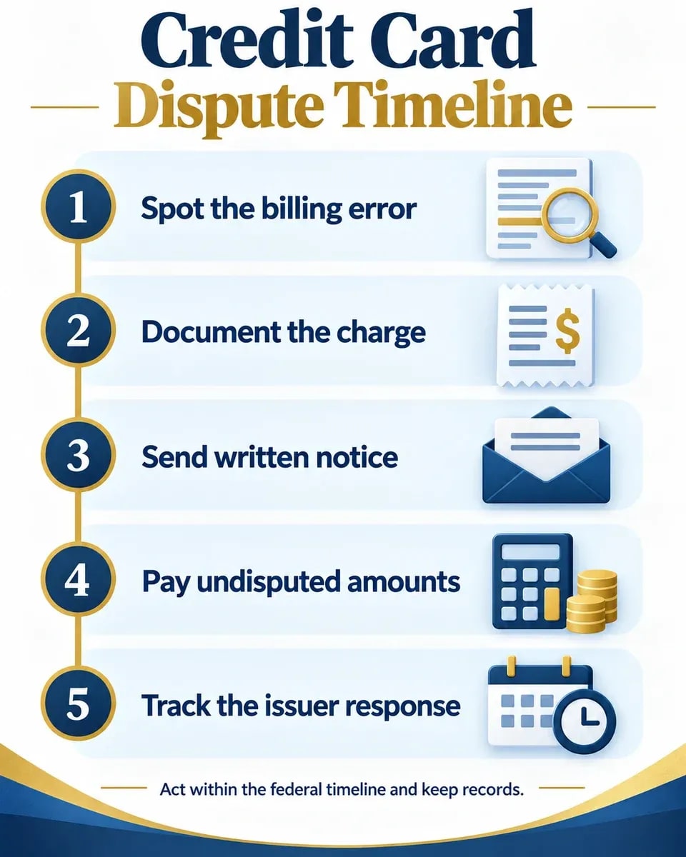 Five-step credit card dispute timeline from identifying a billing error through tracking the issuer's response.